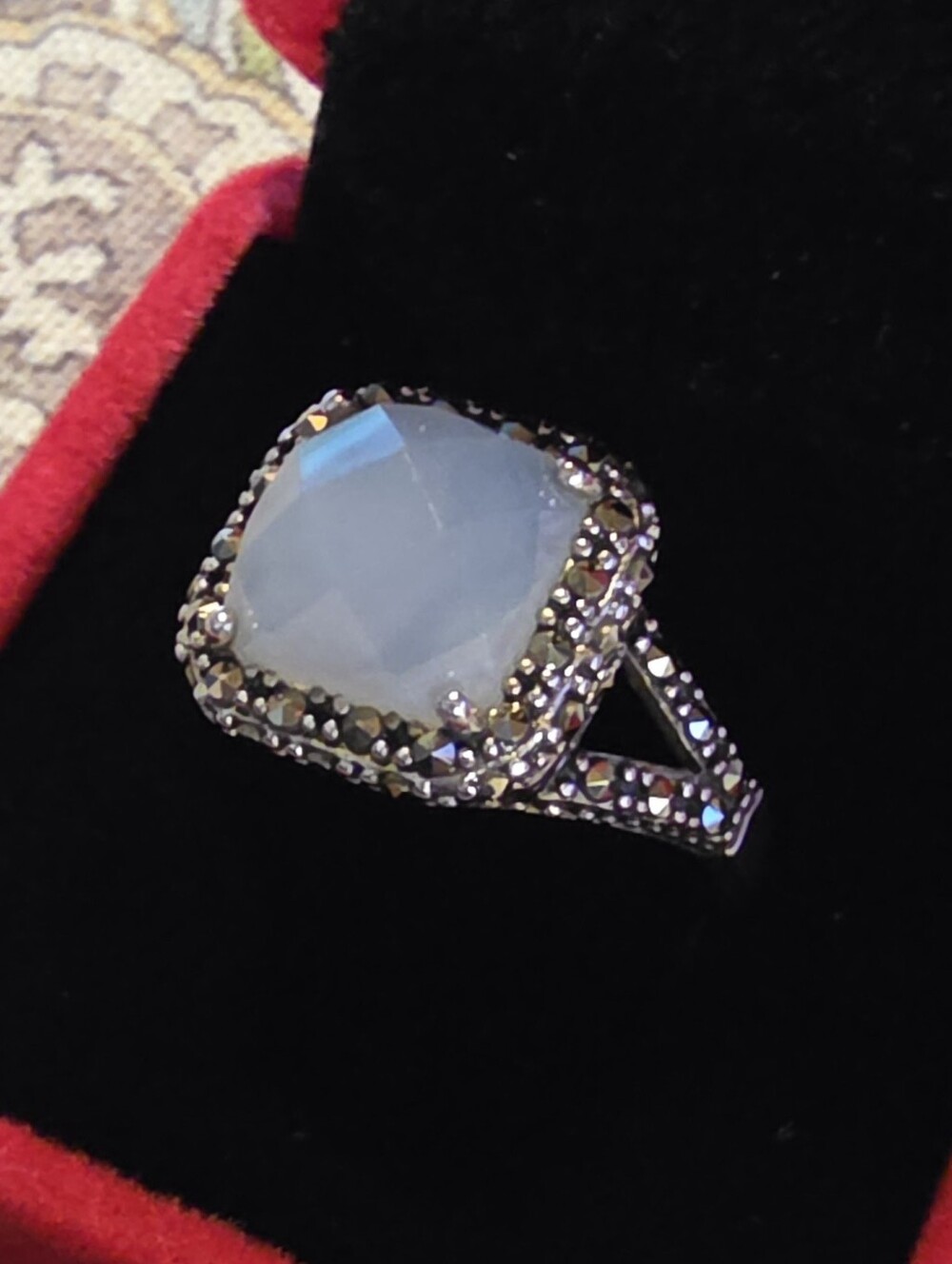 Blue Chalcedony, Marcasite & Sterling Silver Ring